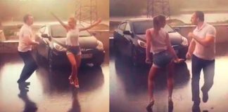 Пара развлекла прячущихся от дождя прохожих своей зажигательной сальсой.