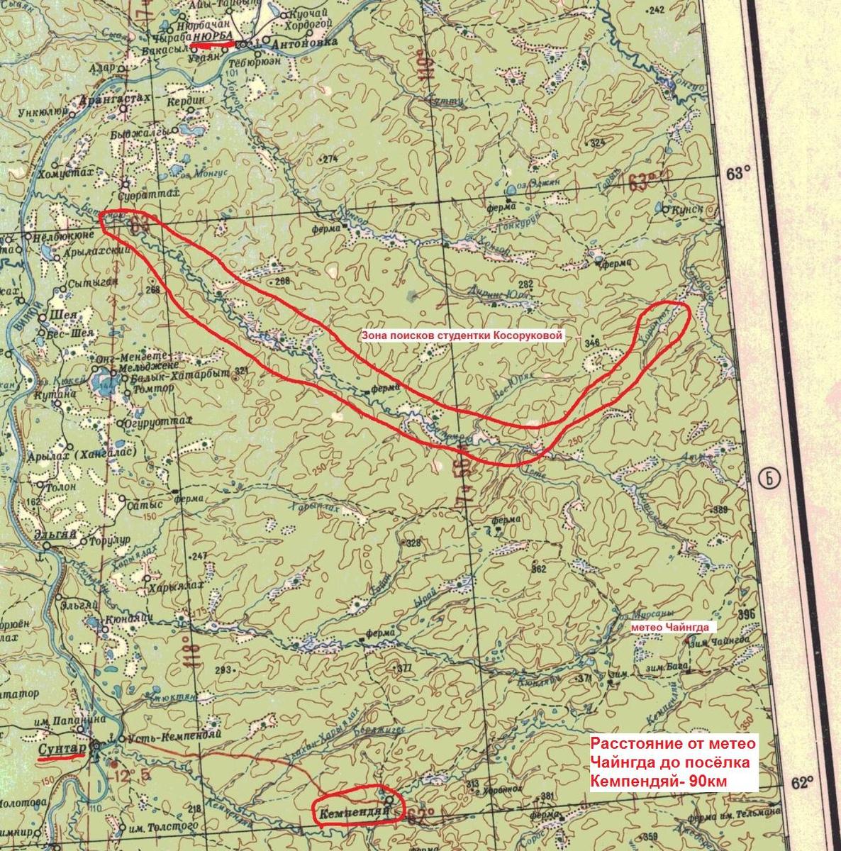 Зона поисков. Масштаб этого листа — М 1:1000000, то есть 1см на карте соответствует 10 км на местности. Карта отсюда: https://odynokiy.livejournal.com/142693.html