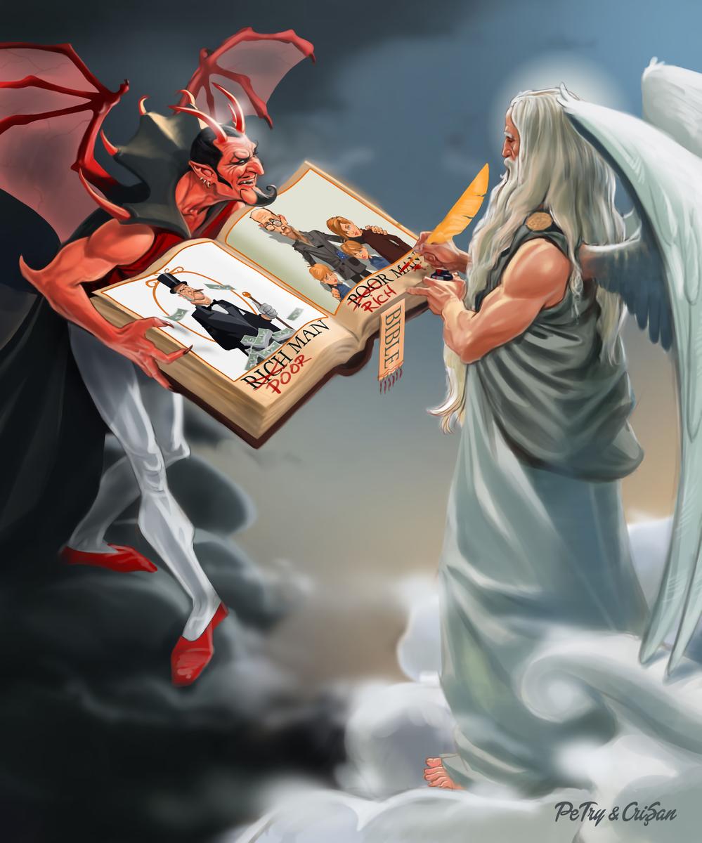 «Божественная редакция». Под левой картинкой с изображением богача Бог пишет: «Бедняк», а под картинкой с бедняком — «Богач».